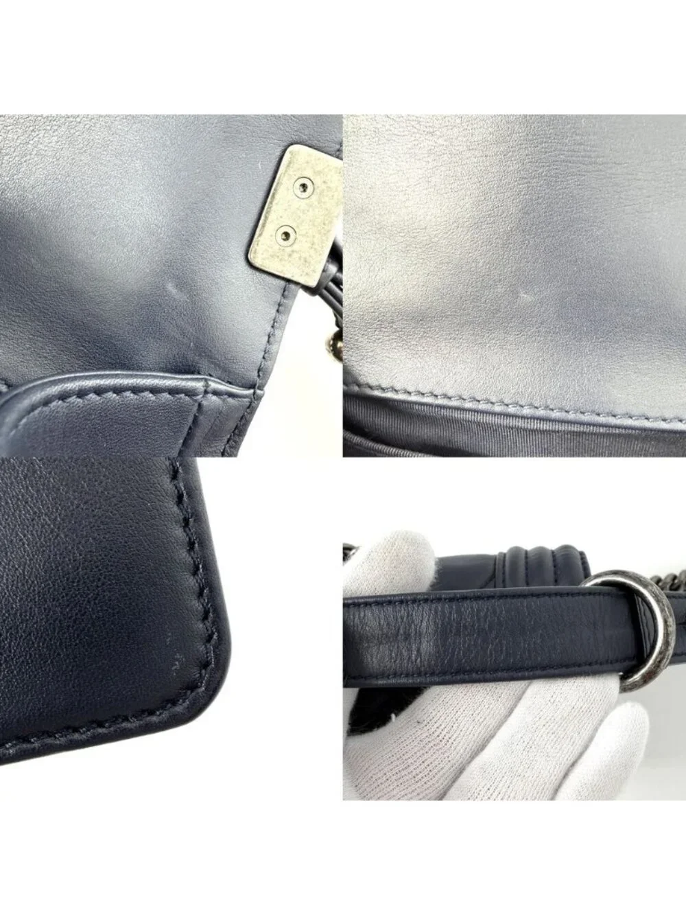 Chanel Shoulder Bag Quilted Boy Crossbody Lambskin Navy Silver